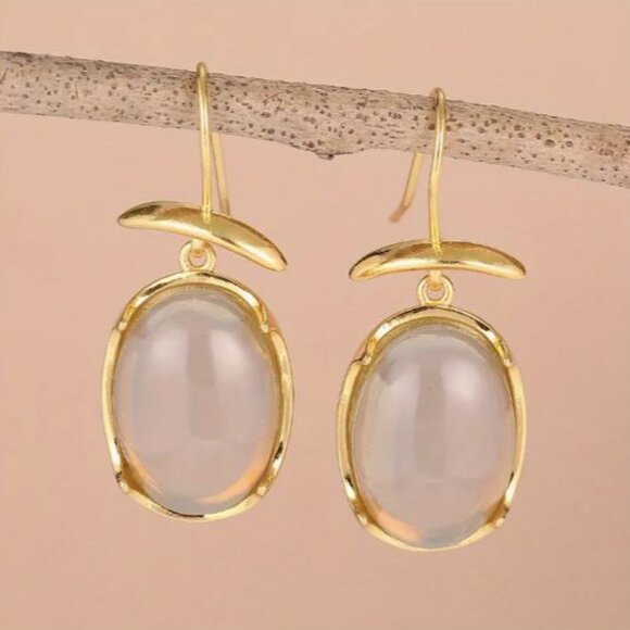 NEW Minimalist 18K Gold Plated Gray Cabochon Drop Earrings - Picture 2 of 5